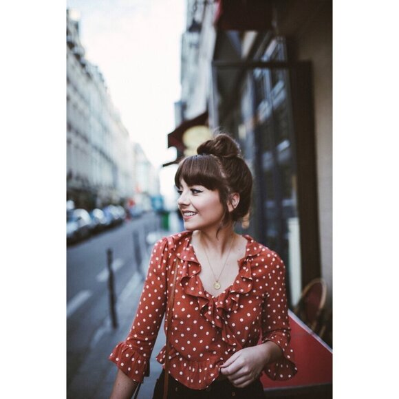 💕REALISATION PAR💕 Cher Top ~ 100% Silk Rust Spot Polka Dot Print Small - Picture 6 of 16